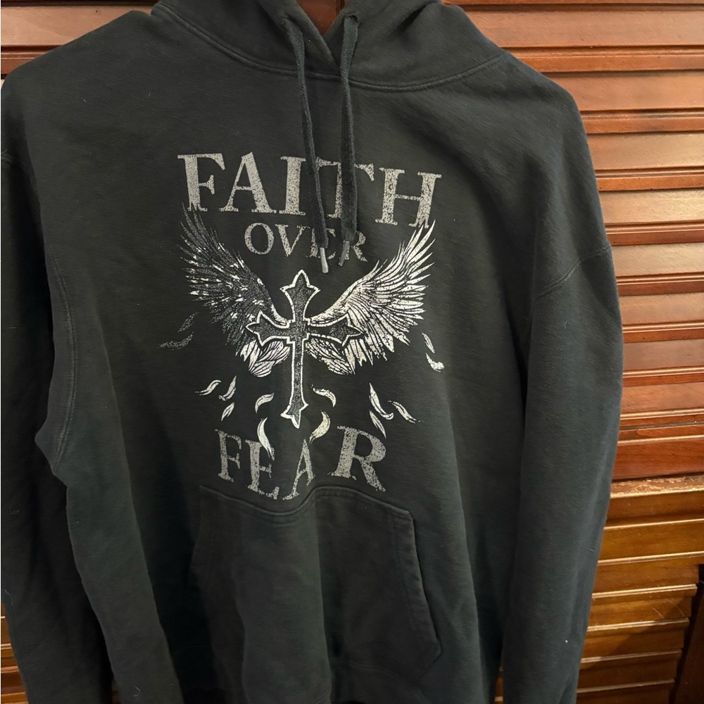Port and Company Black Hoodie with Faith Over Fear Winged Cross Graphic